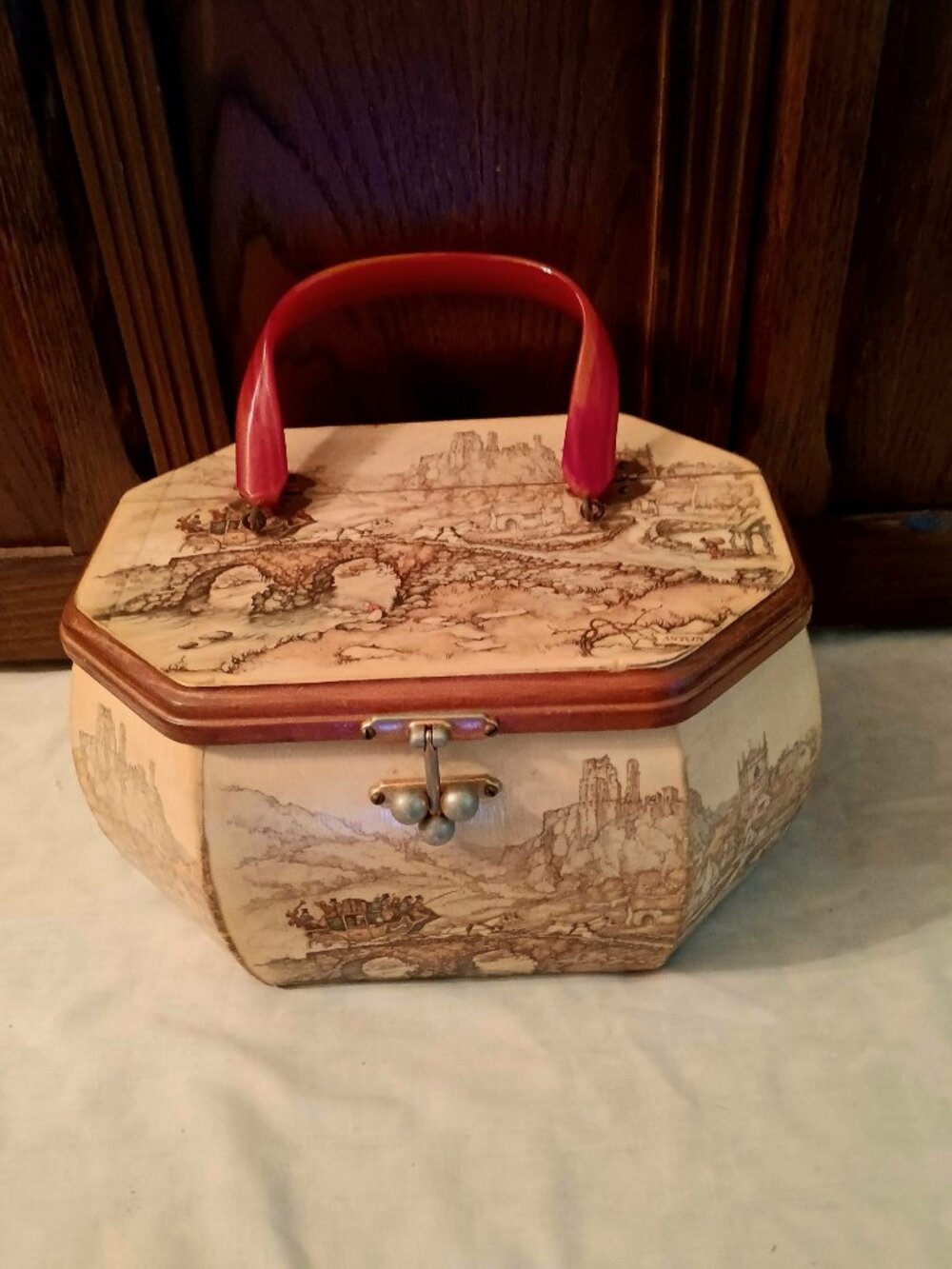 Antique 1950's/60's Anton Pieck decoupage wooden purse, swirled lucite handle ~